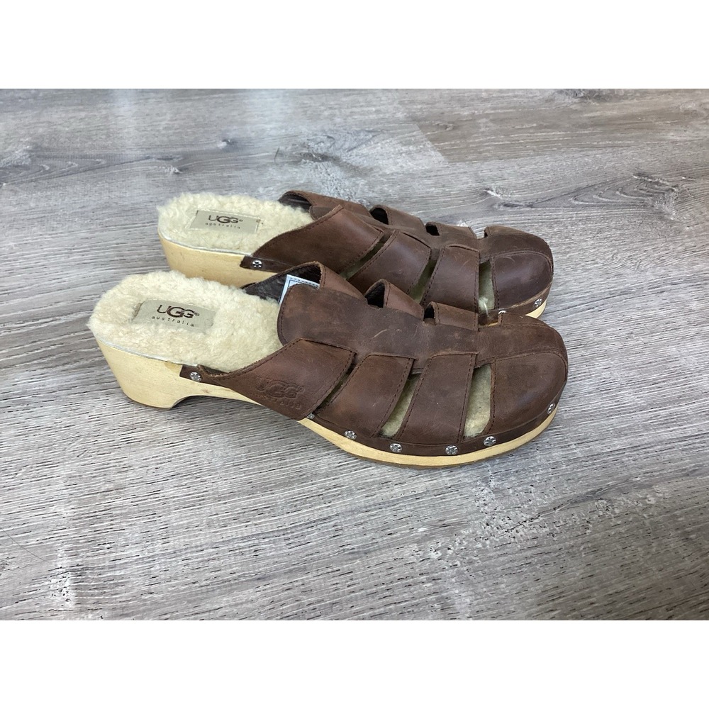 UGG Womens Size 9 Brown Leather Fisherman Mules Wood Midsoles Shearling Footbed